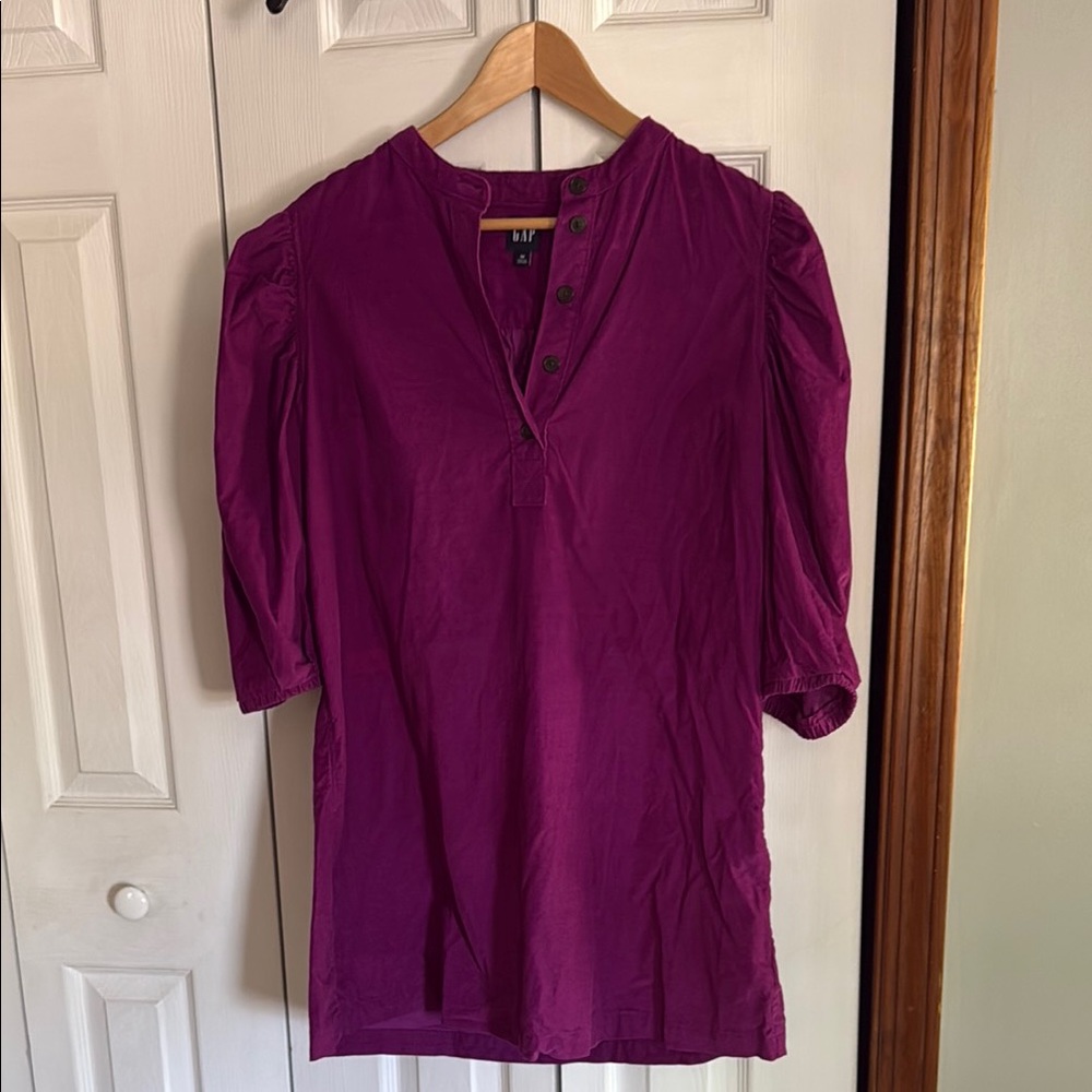 Women's GAP fuschia Purple 3/4 Button-up puff shoulder dress